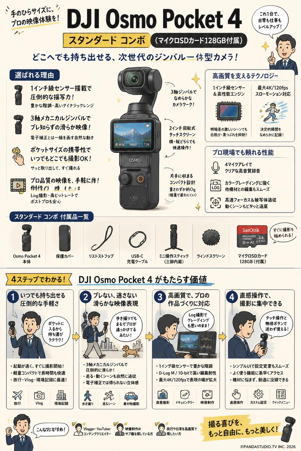DJI Osmo Pocket 4 スタンダード コンボ  (マイクロSDカード128GB付属) 概要