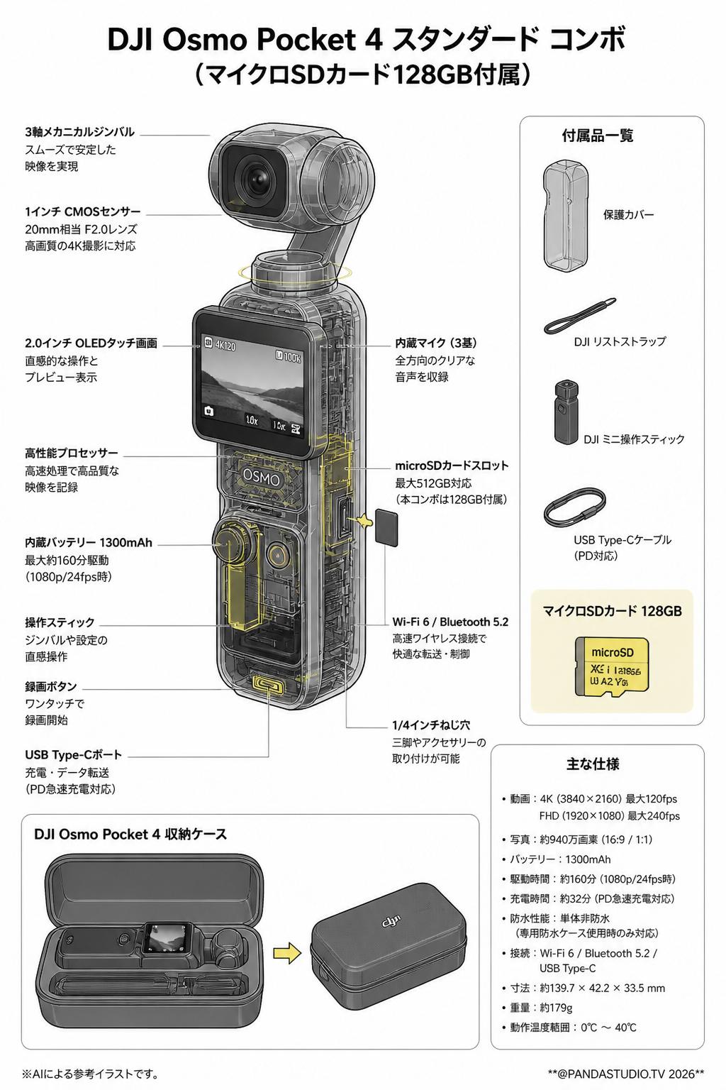 DJI Osmo Pocket 4 スタンダード コンボ  (マイクロSDカード128GB付属) スペック
