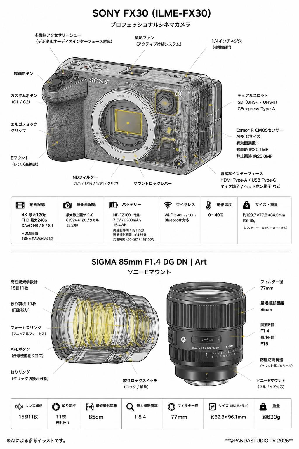 SONY FX30  ILME-FX30 / SIGMA 85mm F1.4 DG DN Art ソニーEマウント セット スペック