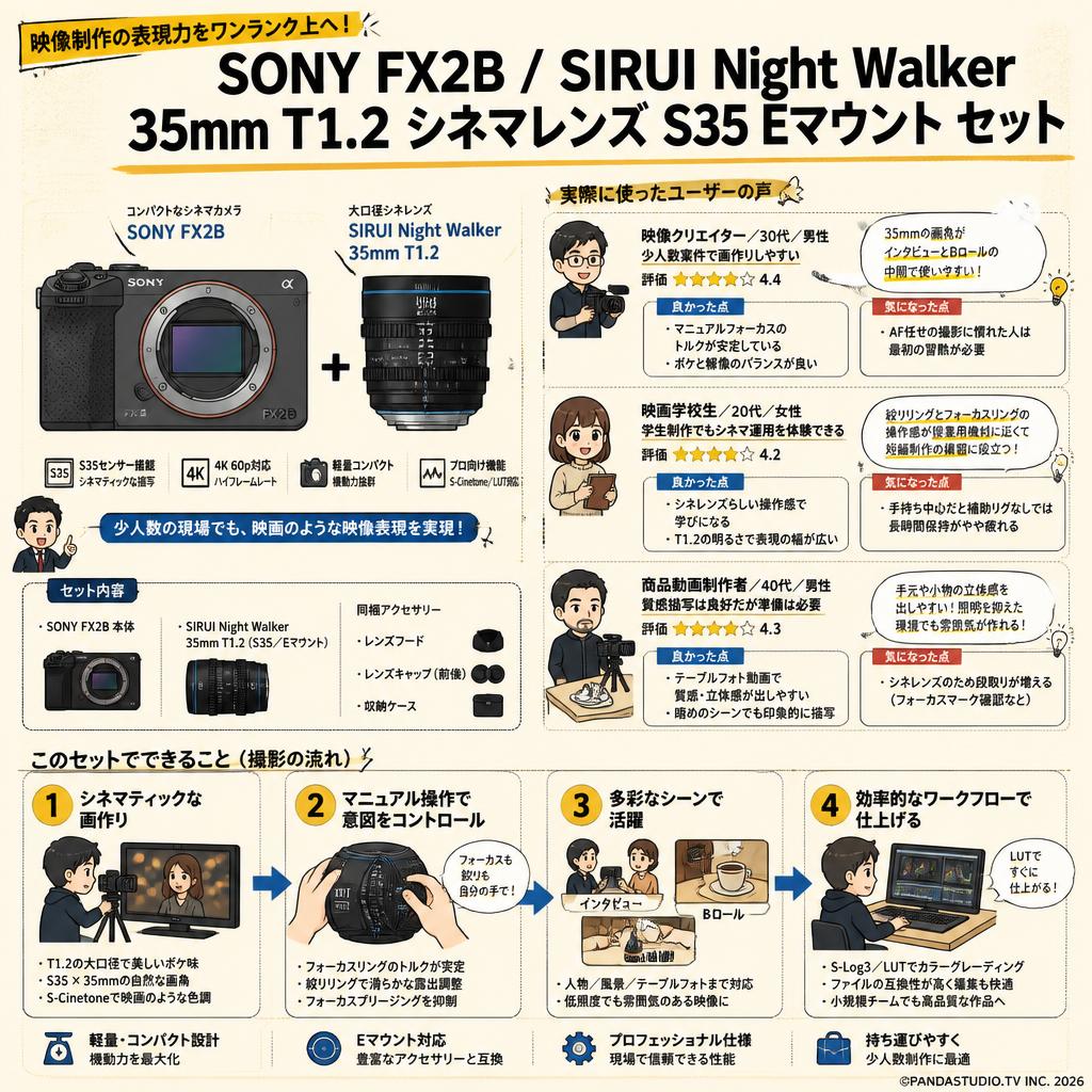 SONY FX2B / SIRUI Night Walker 35mm T1.2 シネマレンズ S35 Eマウント セット インターネット上のお客様の声（評判）