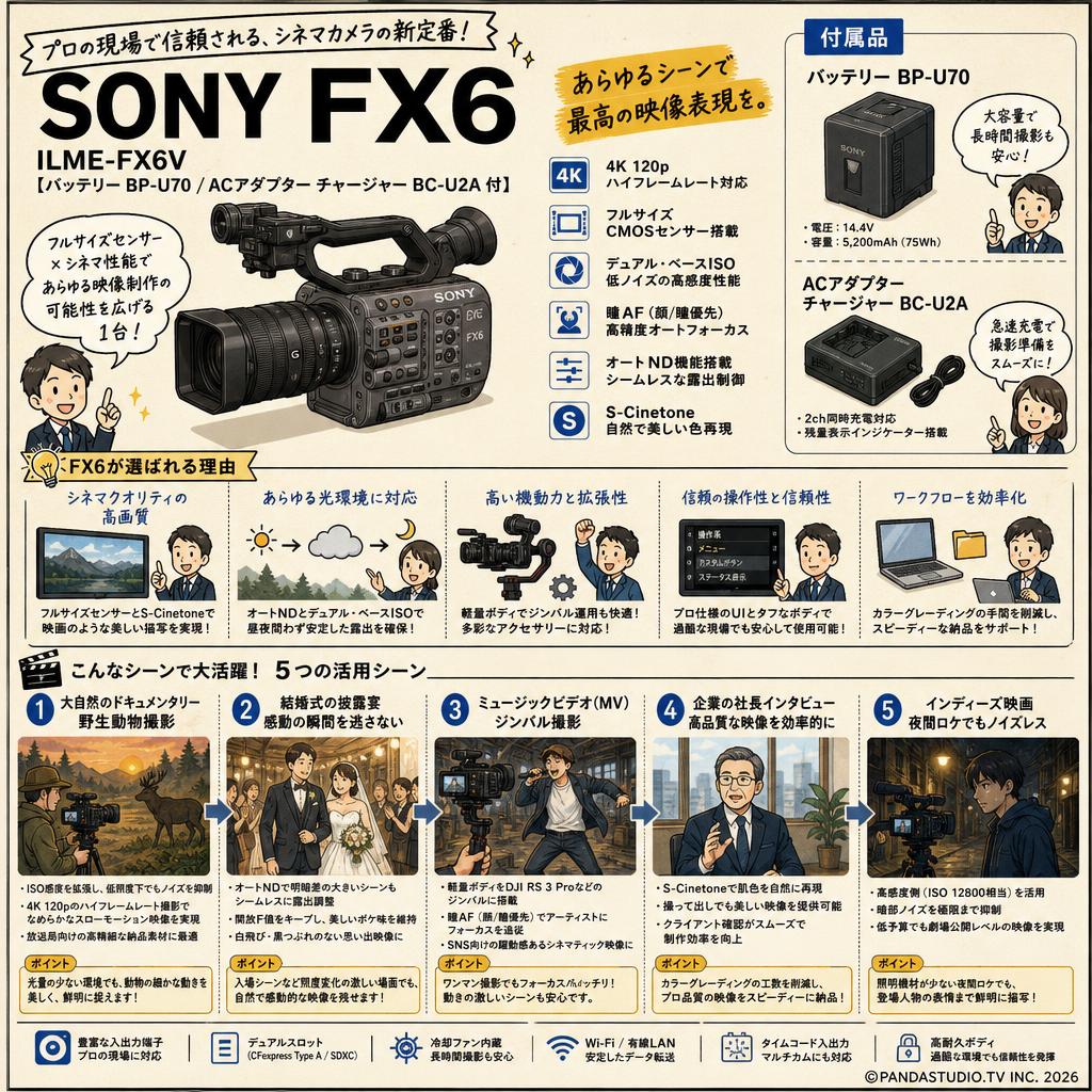 SONY FX6  ILME-FX6V【バッテリー BP-U70 / ACアダプター チャージャー BC-U2A 付】 用途