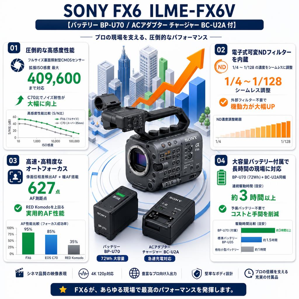 SONY FX6  ILME-FX6V【バッテリー BP-U70 / ACアダプター チャージャー BC-U2A 付】 セールスポイント