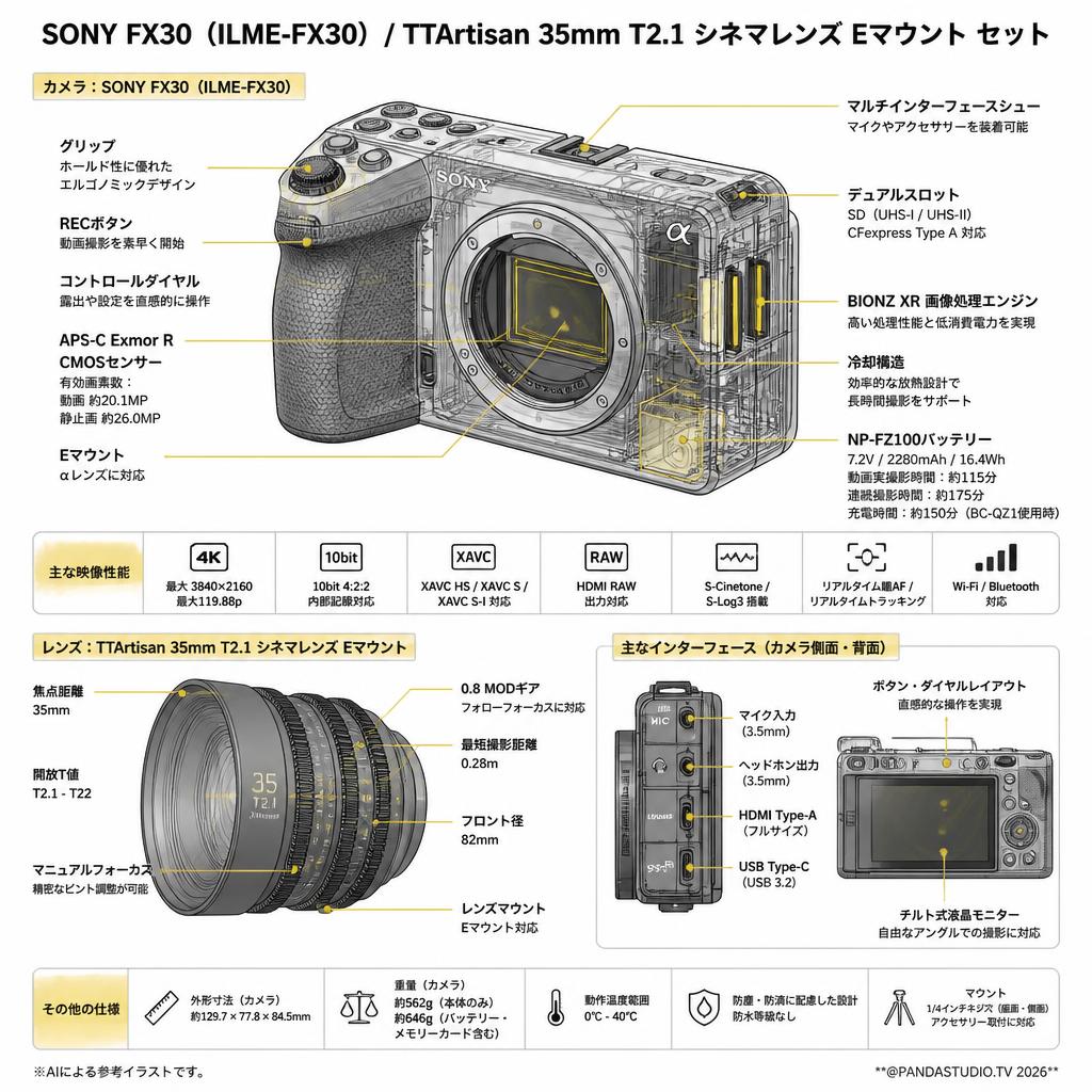 SONY FX30  ILME-FX30  / TTArtisan 35mm T2.1 シネマレンズ Eマウント セット スペック