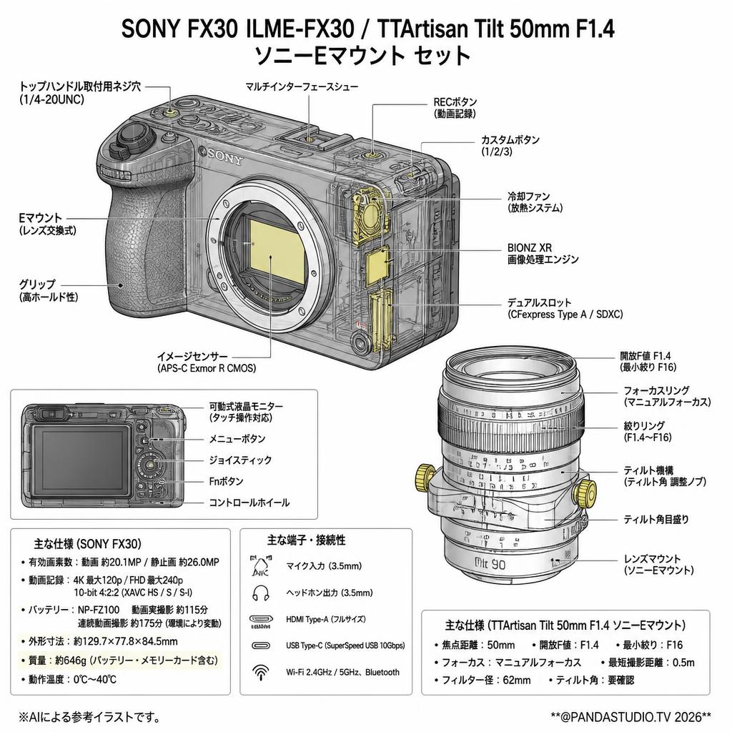SONY FX30  ILME-FX30 / TTArtisan Tilt 50mm F1.4 ソニーE マウント セット スペック