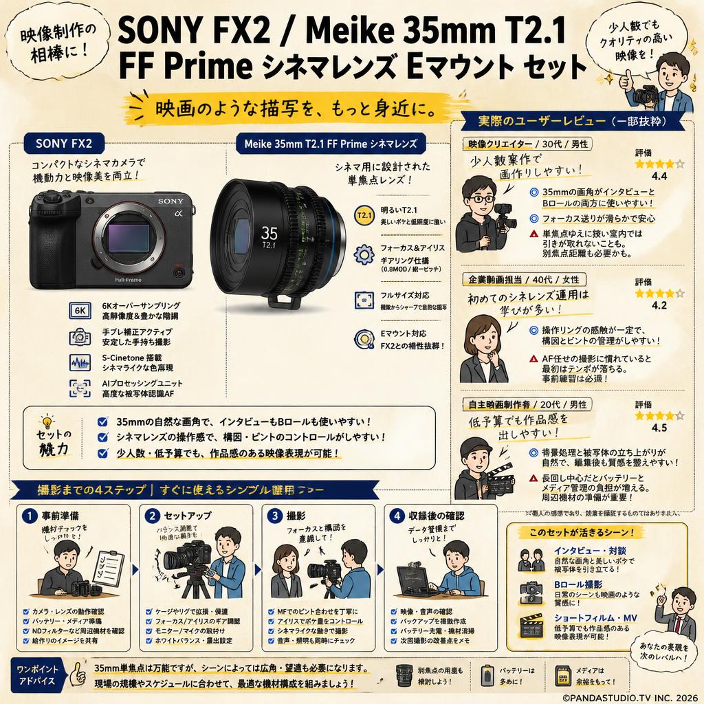 SONY FX2 / Meike 35mm T2.1 FF Prime シネマレンズ Eマウント セット インターネット上のお客様の声（評判）