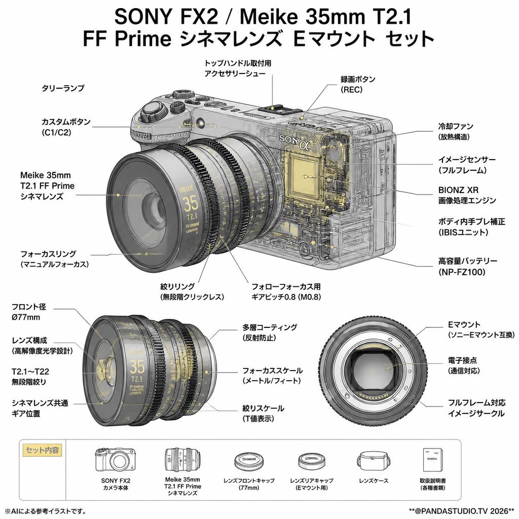 SONY FX2 / Meike 35mm T2.1 FF Prime シネマレンズ Eマウント セット スペック