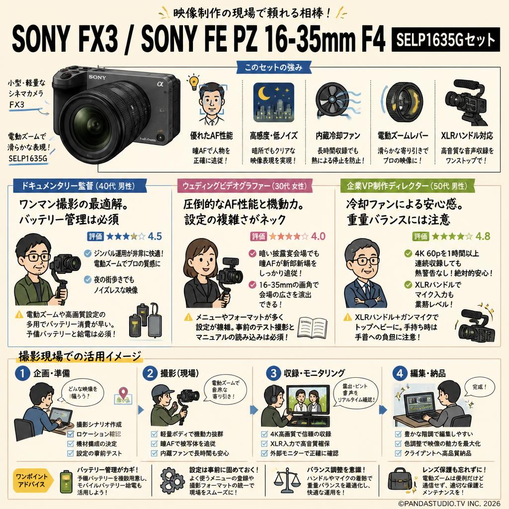 SONY FX3 / SONY FE PZ 16-35mm F4 SELP1635Gセット インターネット上のお客様の声（評判）