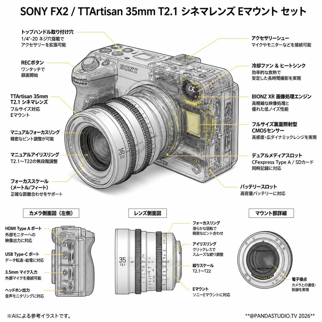 SONY FX2 / TTArtisan 35mm T2.1 シネマレンズ Eマウント セット スペック