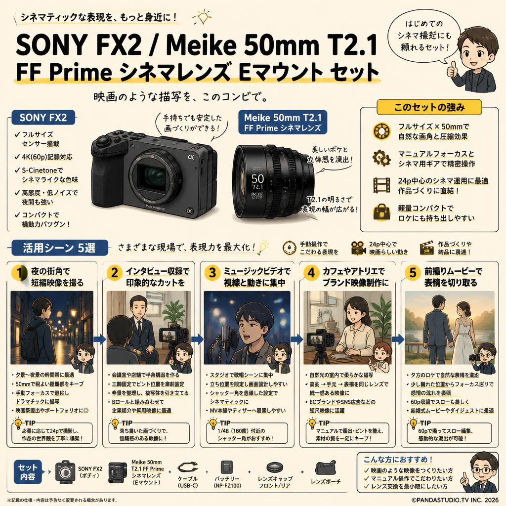 SONY FX2 / Meike 50mm T2.1 FF Prime シネマレンズ Eマウント セット 用途