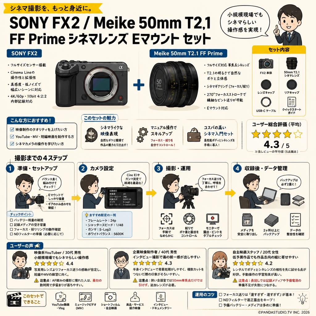 SONY FX2 / Meike 50mm T2.1 FF Prime シネマレンズ Eマウント セット インターネット上のお客様の声（評判）