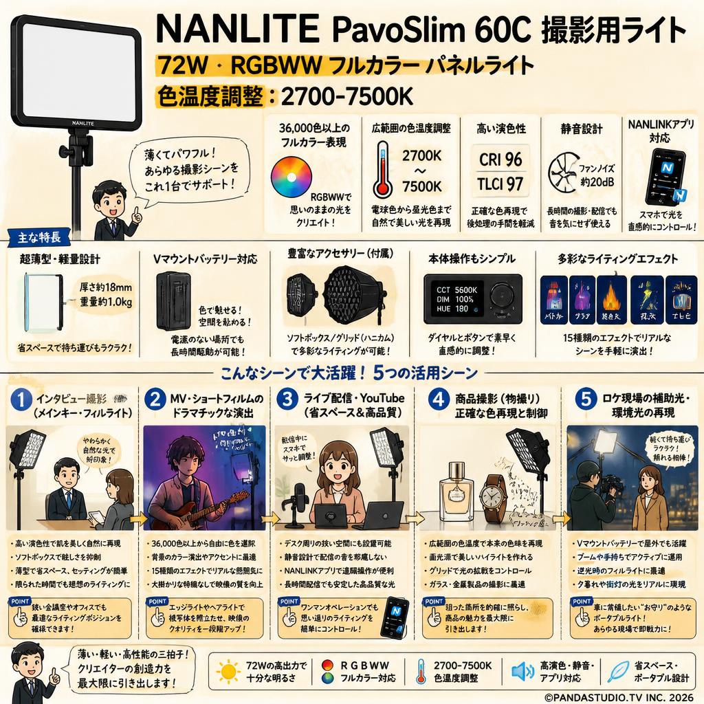 NANLITE PavoSlim 60C 撮影用ライト 72W RGBWW フルカラー パネルライト 色温度調整:2700-7500K 用途
