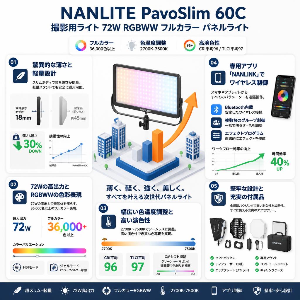 NANLITE PavoSlim 60C 撮影用ライト 72W RGBWW フルカラー パネルライト 色温度調整:2700-7500K セールスポイント