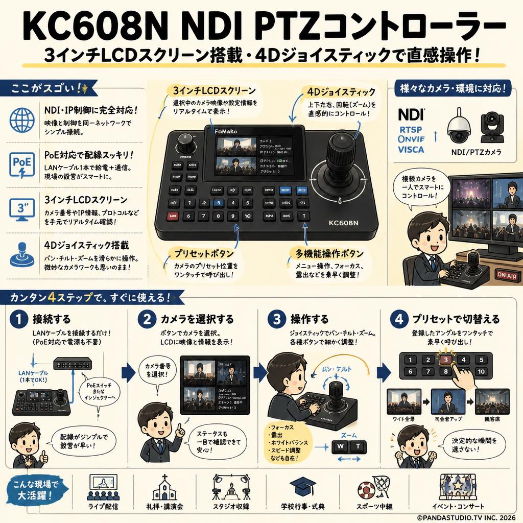 FoMaKo PTZ コントローラー NDI PoE対応 3インチのLCDスクリーン付き ライブ配信用(KC608N) 概要