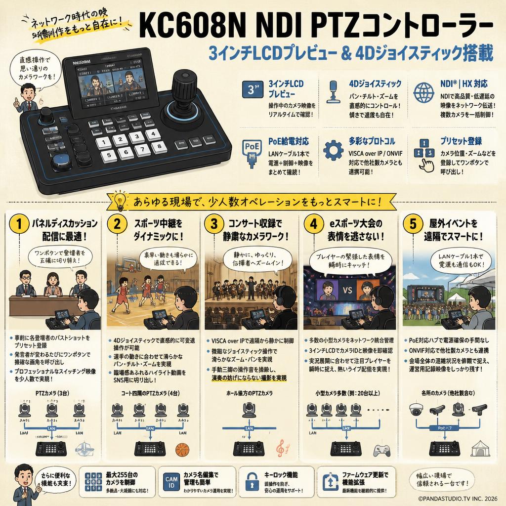 FoMaKo PTZ コントローラー NDI PoE対応 3インチのLCDスクリーン付き ライブ配信用(KC608N) 用途