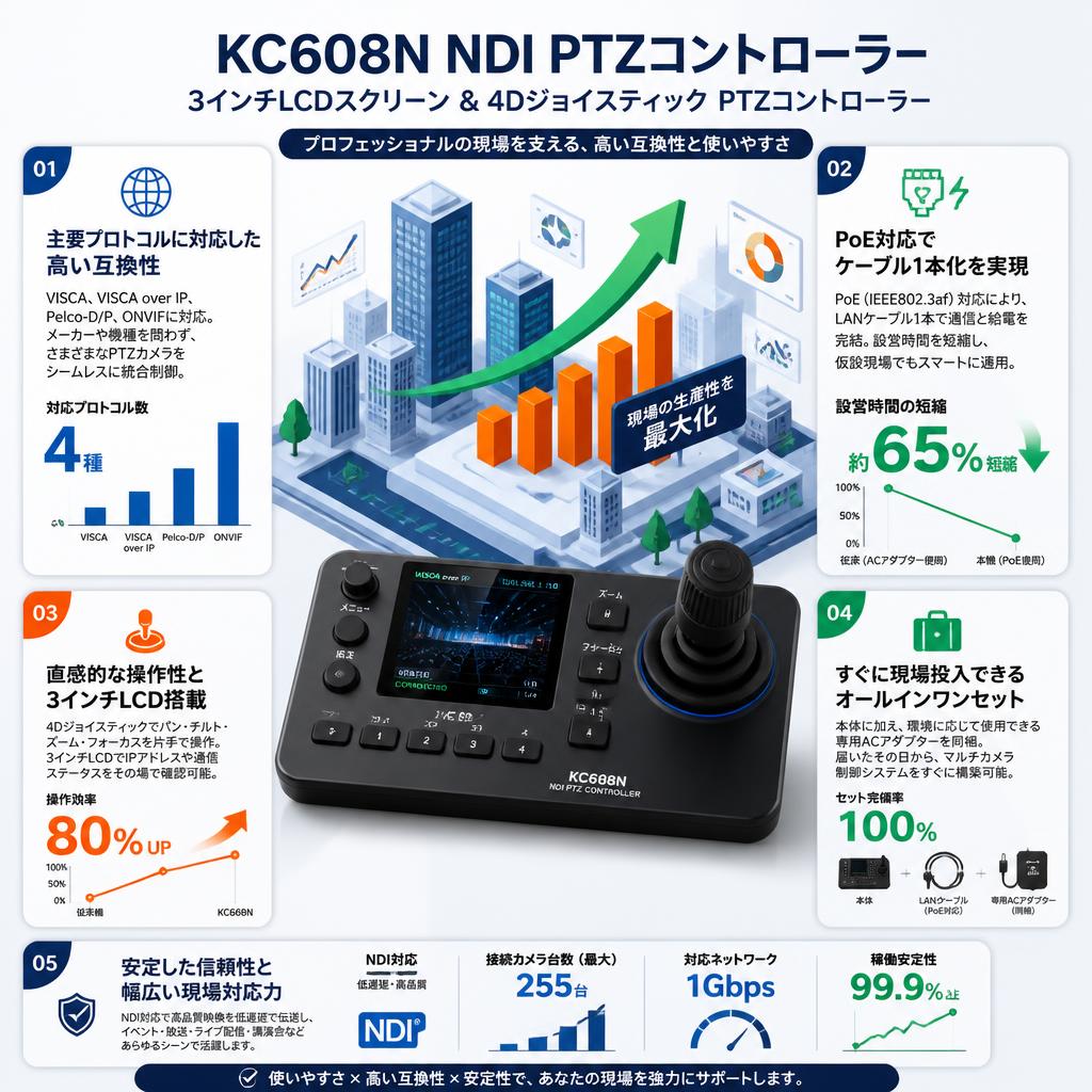 FoMaKo PTZ コントローラー NDI PoE対応 3インチのLCDスクリーン付き ライブ配信用(KC608N) セールスポイント
