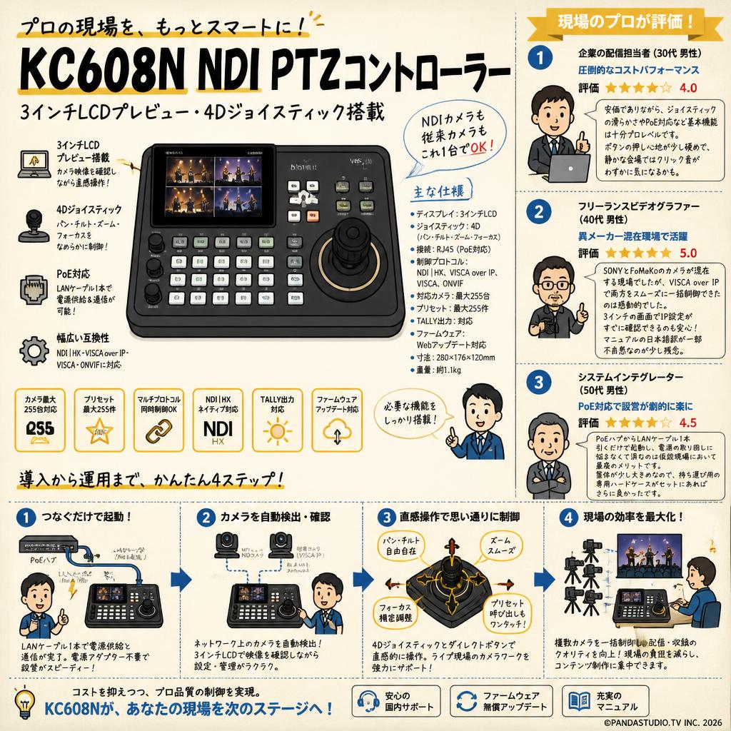 FoMaKo PTZ コントローラー NDI PoE対応 3インチのLCDスクリーン付き ライブ配信用(KC608N) インターネット上のお客様の声（評判）