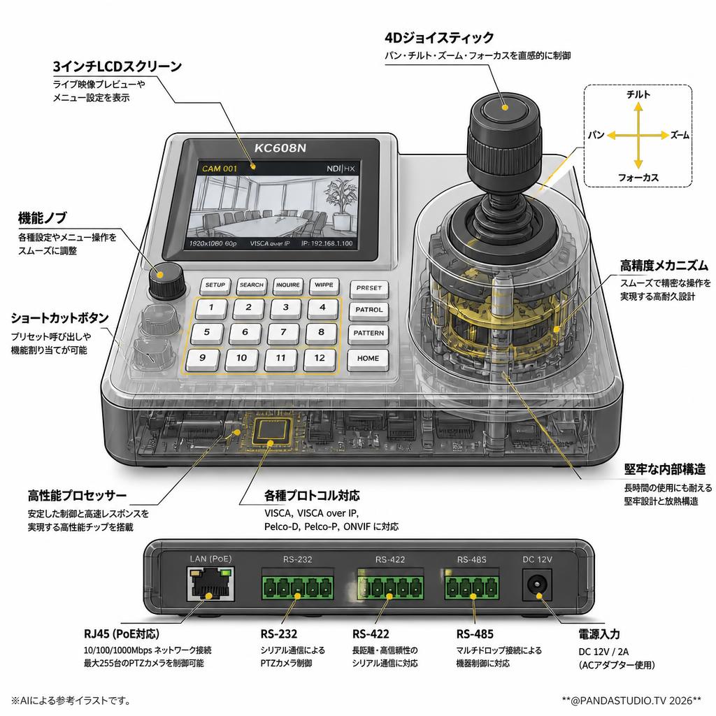FoMaKo PTZ コントローラー NDI PoE対応 3インチのLCDスクリーン付き ライブ配信用(KC608N) スペック