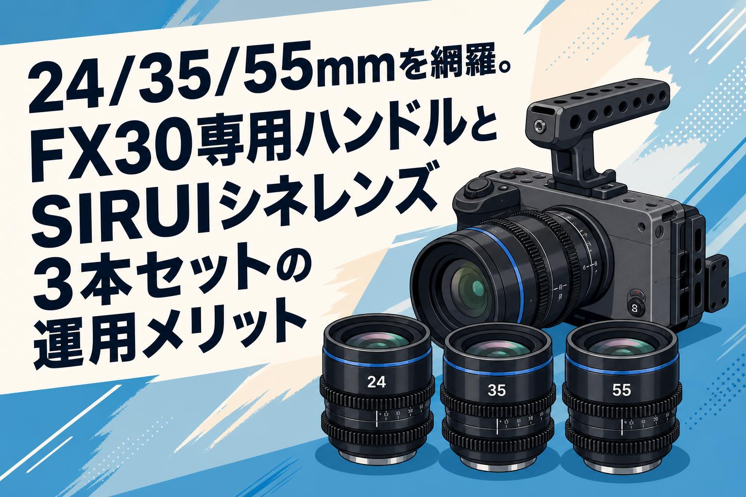 24/35/55mmを網羅。FX30専用ハンドルとSIRUIシネレンズ3本セットの運用メリット