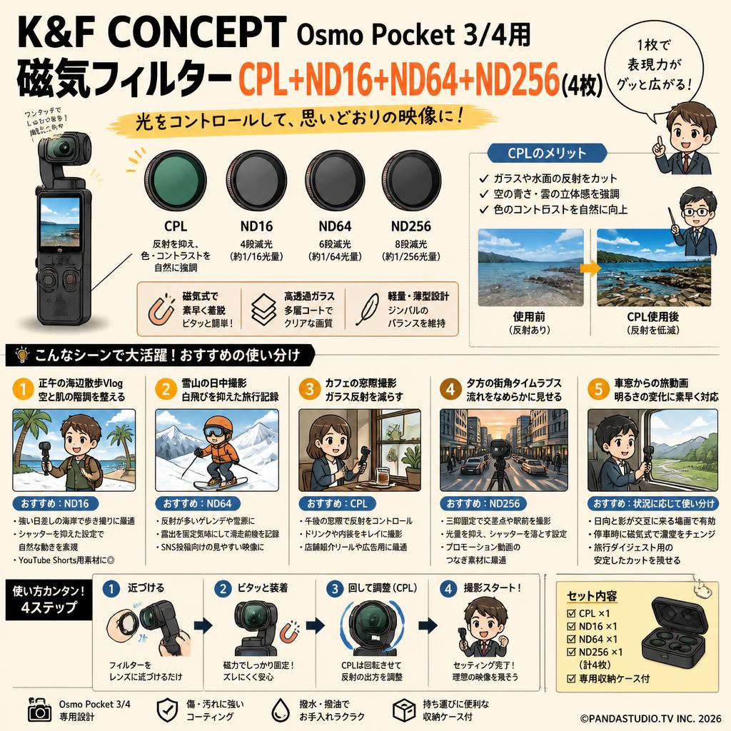 K&F CONCEPT Osmo Pocket 3/4用 磁気フィルターCPL+ND16+ND64+ND256(4枚)コントラスト 用途