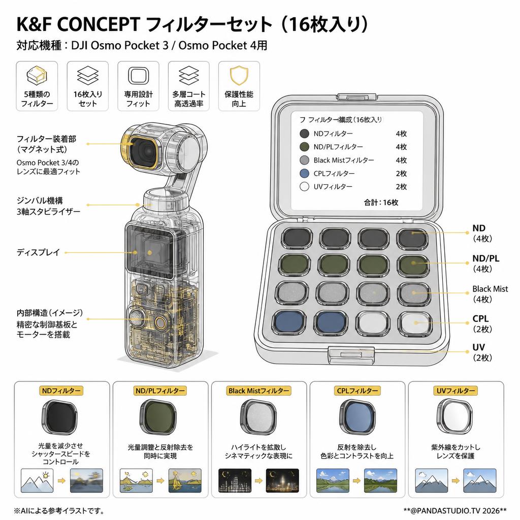 K&F CONCEPT [16枚入り] Osmo Pocket 3/4用 フィルターセット（ND・ND/PL・Black Mist・CPL・UV） スペック