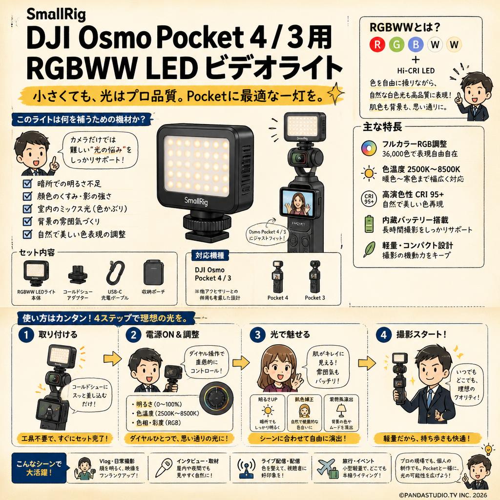 SmallRig DJI Osmo Pocket 4 / 3 用 RGBWW LED ビデオライト 5733 概要