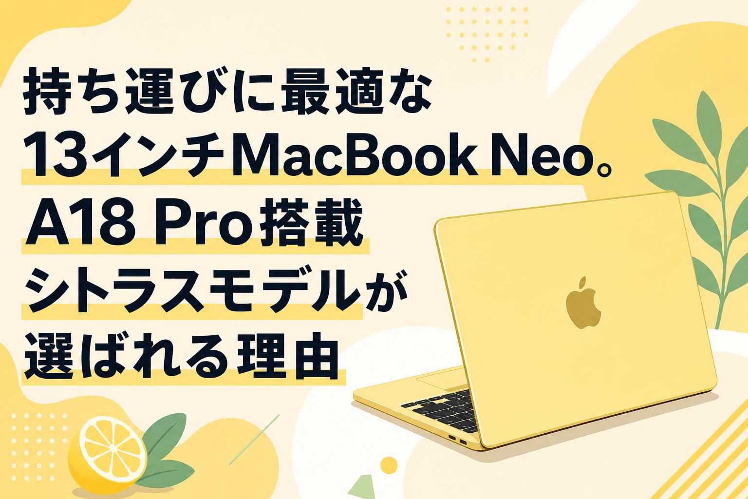 持ち運びに最適な13インチMacBook Neo。A18 Pro搭載シトラスモデルが選ばれる理由