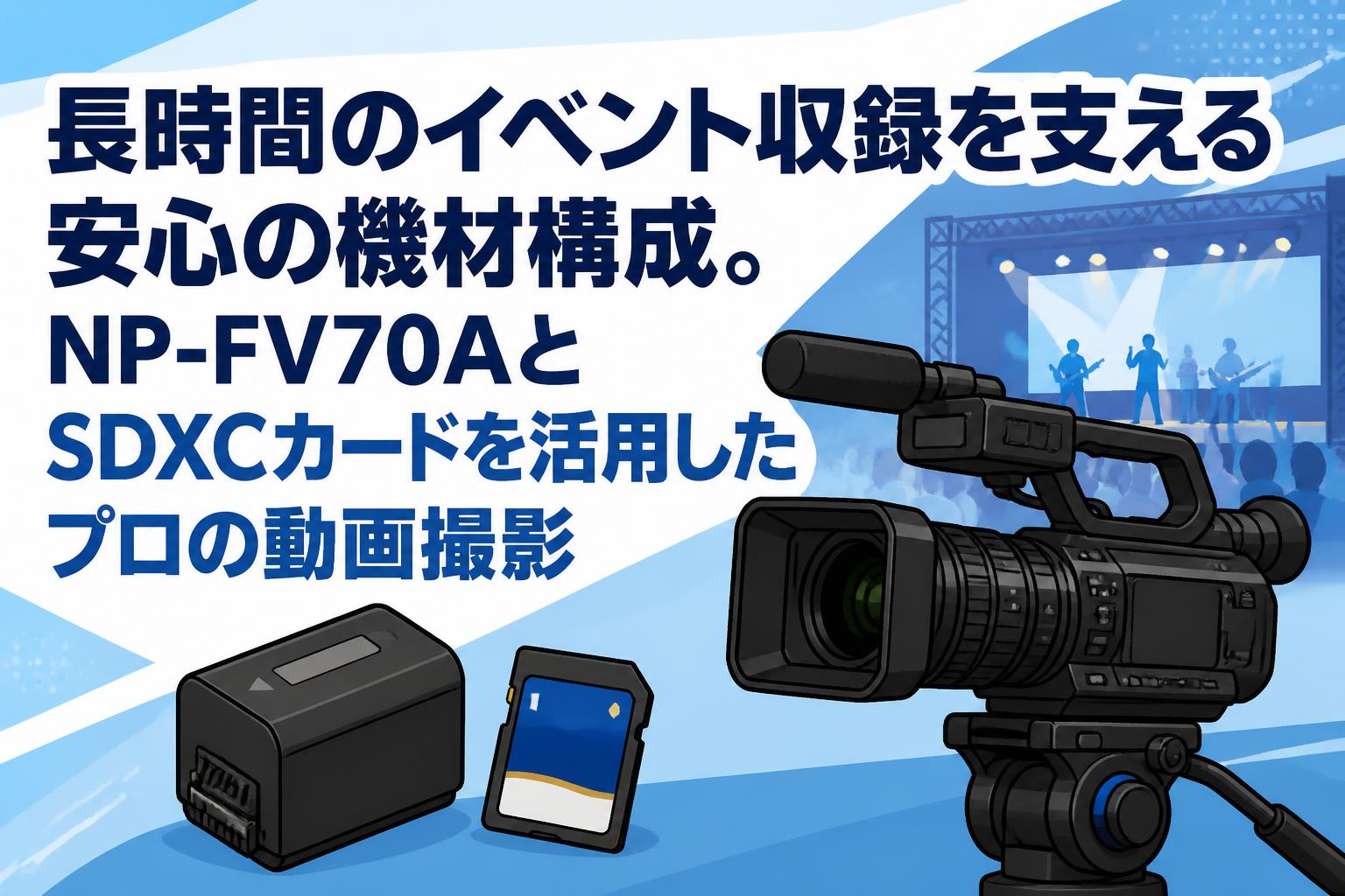 長時間のイベント収録を支える安心の機材構成。NP-FV70AとSDXCカードを活用したプロの動画撮影