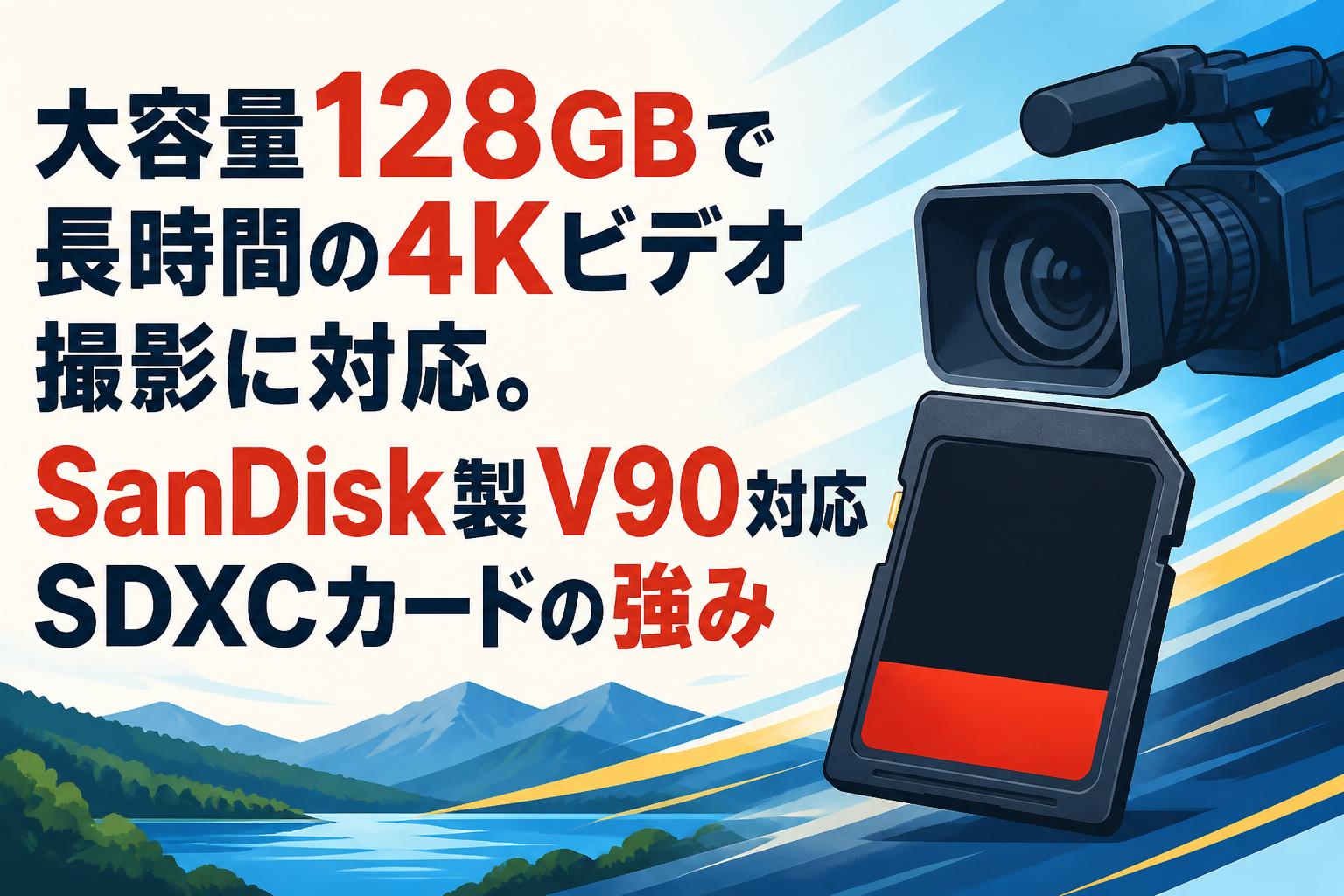 大容量128GBで長時間の4Kビデオ撮影に対応。SanDisk製V90対応SDXCカードの強み