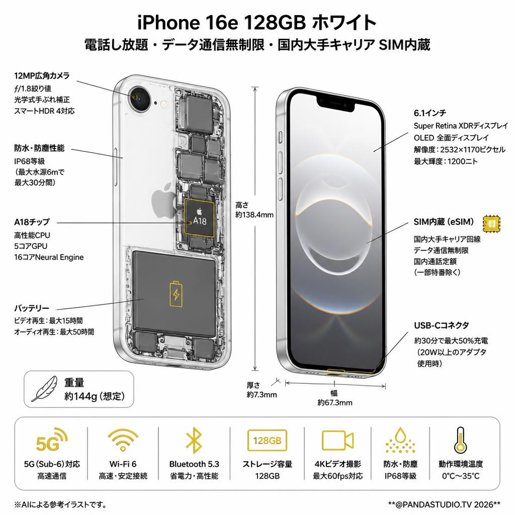 【7日〜】iPhone 16e 128GB 電話し放題・データ通信無制限・国内大手キャリア SIM内蔵 ホワイト スペック