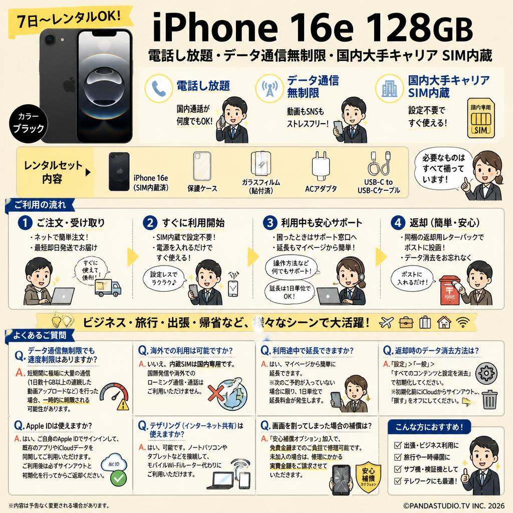 【7日〜】iPhone 16e 128GB 電話し放題・データ通信無制限・国内大手キャリア SIM内蔵 ブラック FAQ（よくある質問と答え）