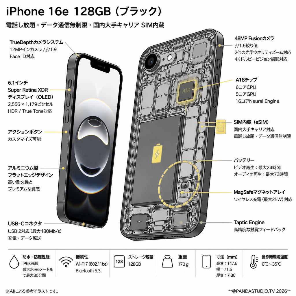 【7日〜】iPhone 16e 128GB 電話し放題・データ通信無制限・国内大手キャリア SIM内蔵 ブラック スペック