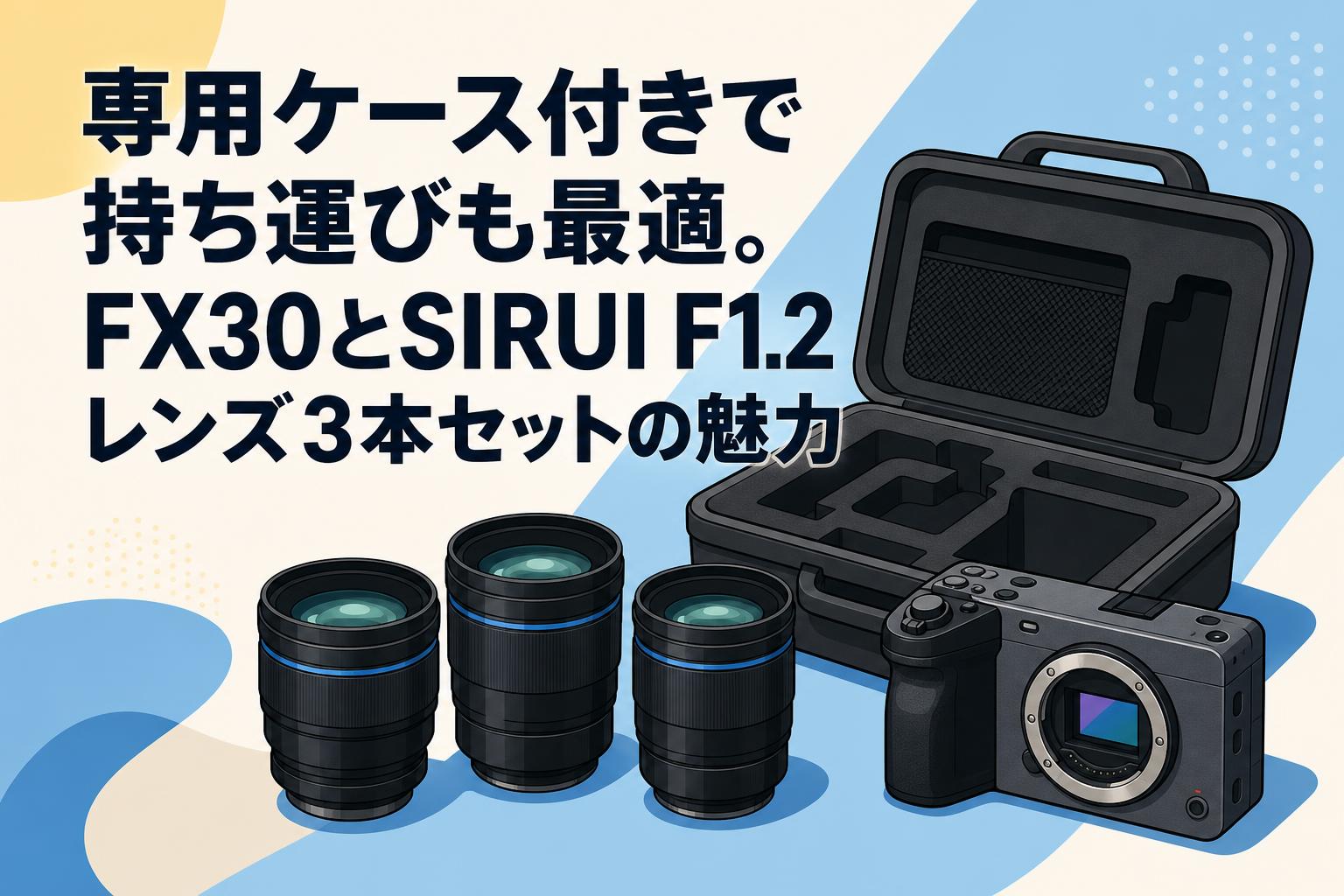 専用ケース付きで持ち運びも最適。FX30とSIRUI F1.2レンズ3本セットの魅力