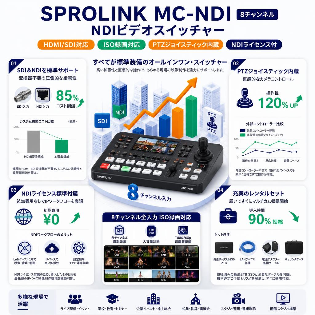 SPROLINK MC-NDI 8チャンネル NDIビデオスイッチャー HDMI/SDI ISO録画対応 PTZジョイスティック内蔵（NDIライセンスのアクティベーション済） セールスポイント