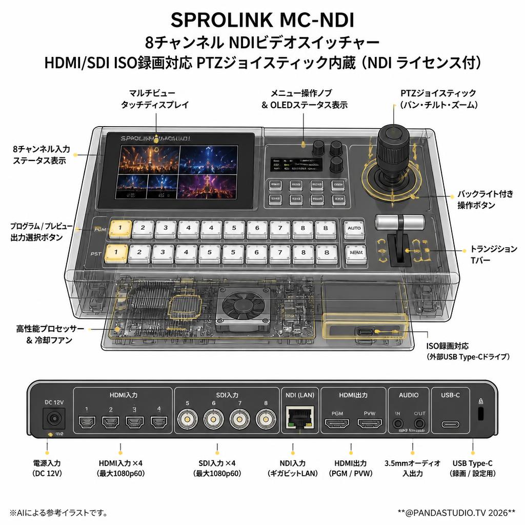 SPROLINK MC-NDI 8チャンネル NDIビデオスイッチャー HDMI/SDI ISO録画対応 PTZジョイスティック内蔵（NDIライセンスのアクティベーション済） スペック