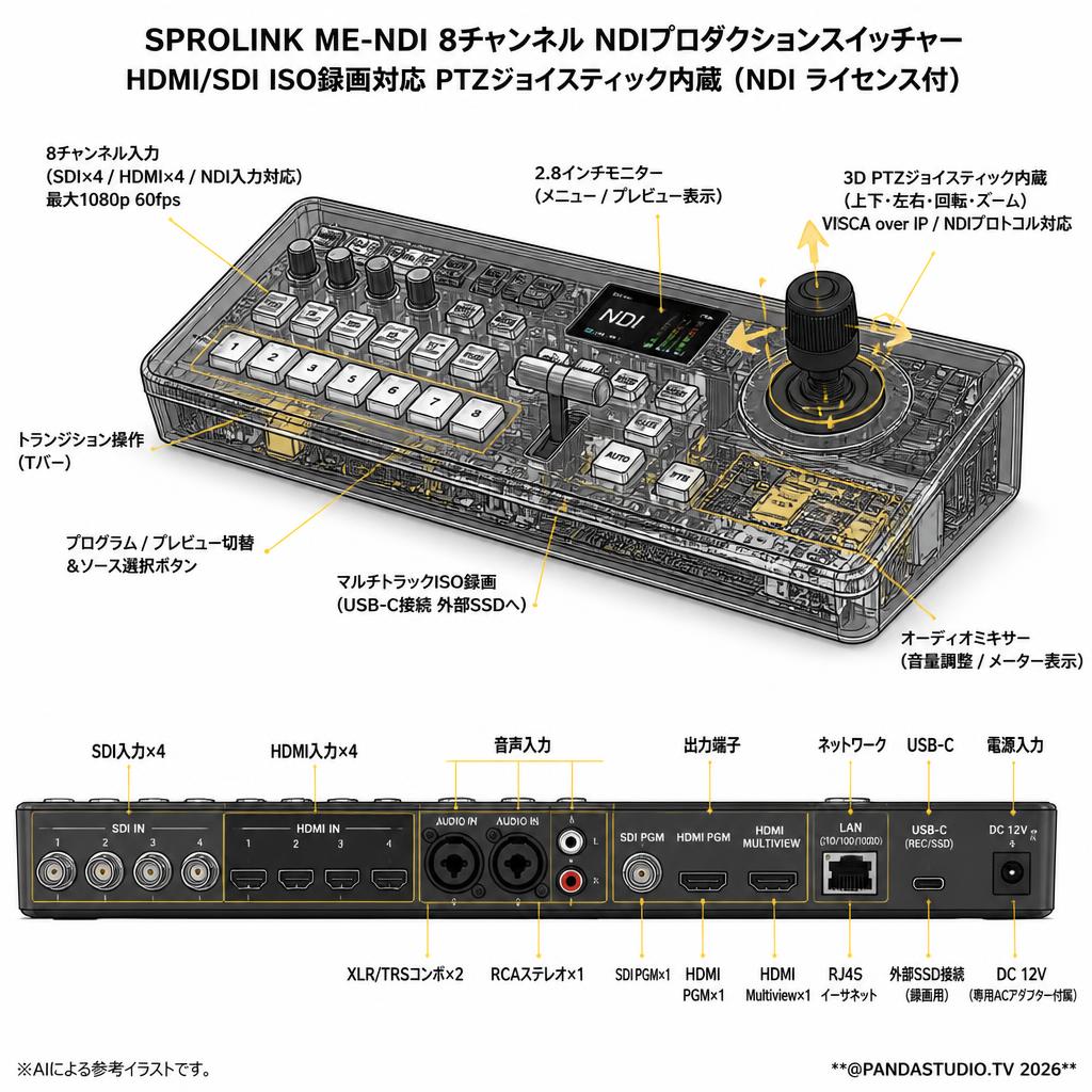 SPROLINK ME-NDI 8チャンネル NDIプロダクションスイッチャー HDMI/SDI ISO録画対応 PTZジョイスティック内蔵（NDIライセンスのアクティベーション済） スペック