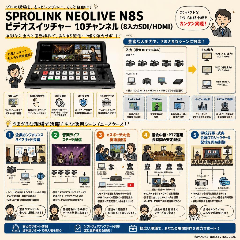 SPROLINK NEOLIVE N8S ビデオスイッチャー 10チャンネル（8入力SDI/HDMI） 用途