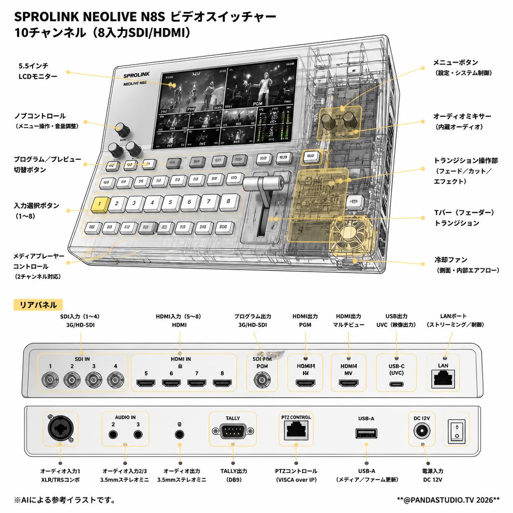 SPROLINK NEOLIVE N8S ビデオスイッチャー 10チャンネル（8入力SDI/HDMI） スペック