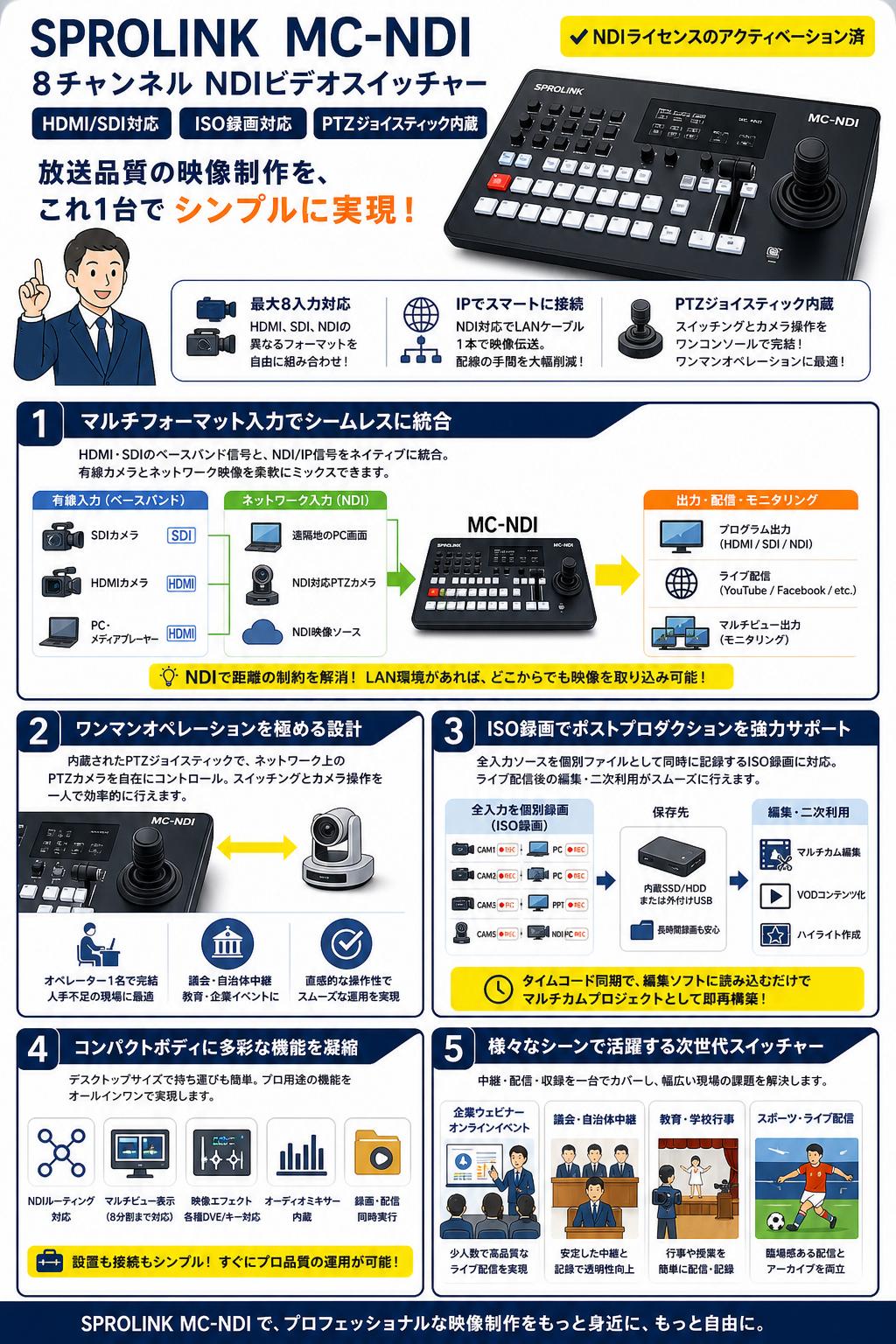 SPROLINK MC-NDI 8チャンネル NDIビデオスイッチャー HDMI/SDI ISO録画対応 PTZジョイスティック内蔵（NDIライセンスのアクティベーション済） 概要