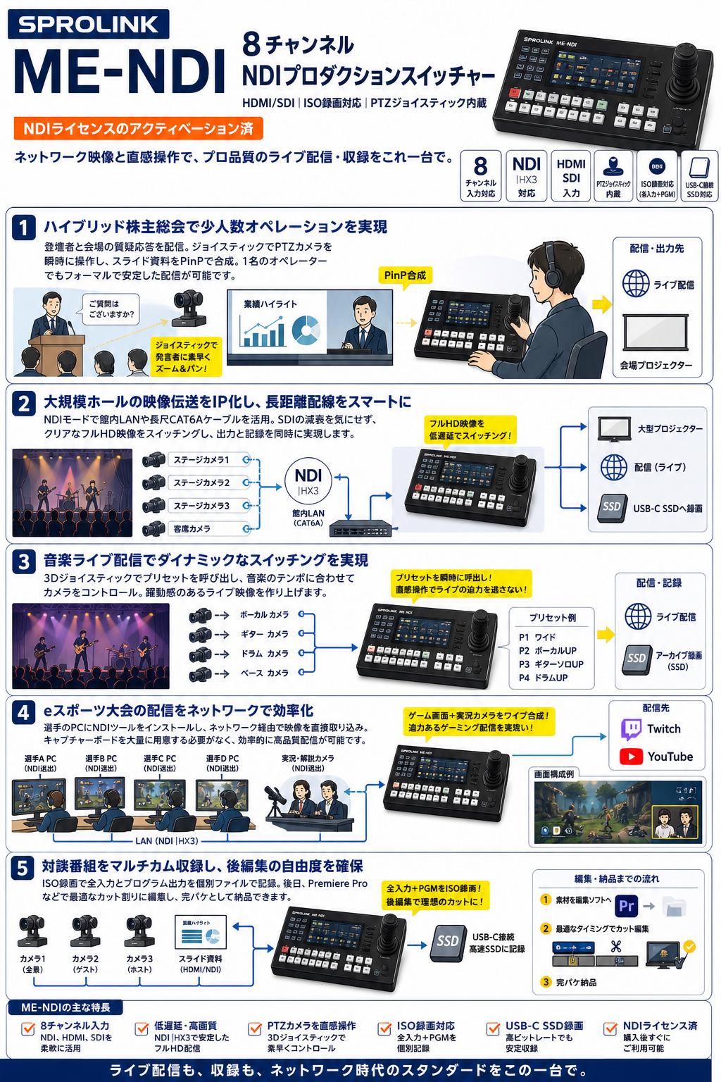 SPROLINK ME-NDI 8チャンネル NDIプロダクションスイッチャー HDMI/SDI ISO録画対応 PTZジョイスティック内蔵（NDIライセンスのアクティベーション済） 用途