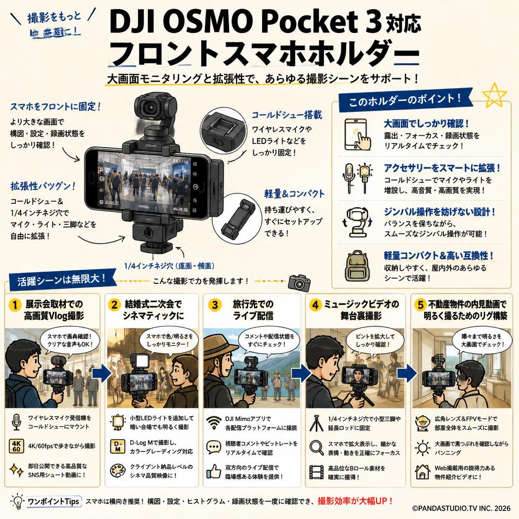 DJI OSMO Pocket 3 対応 フロントスマホホルダー 用途