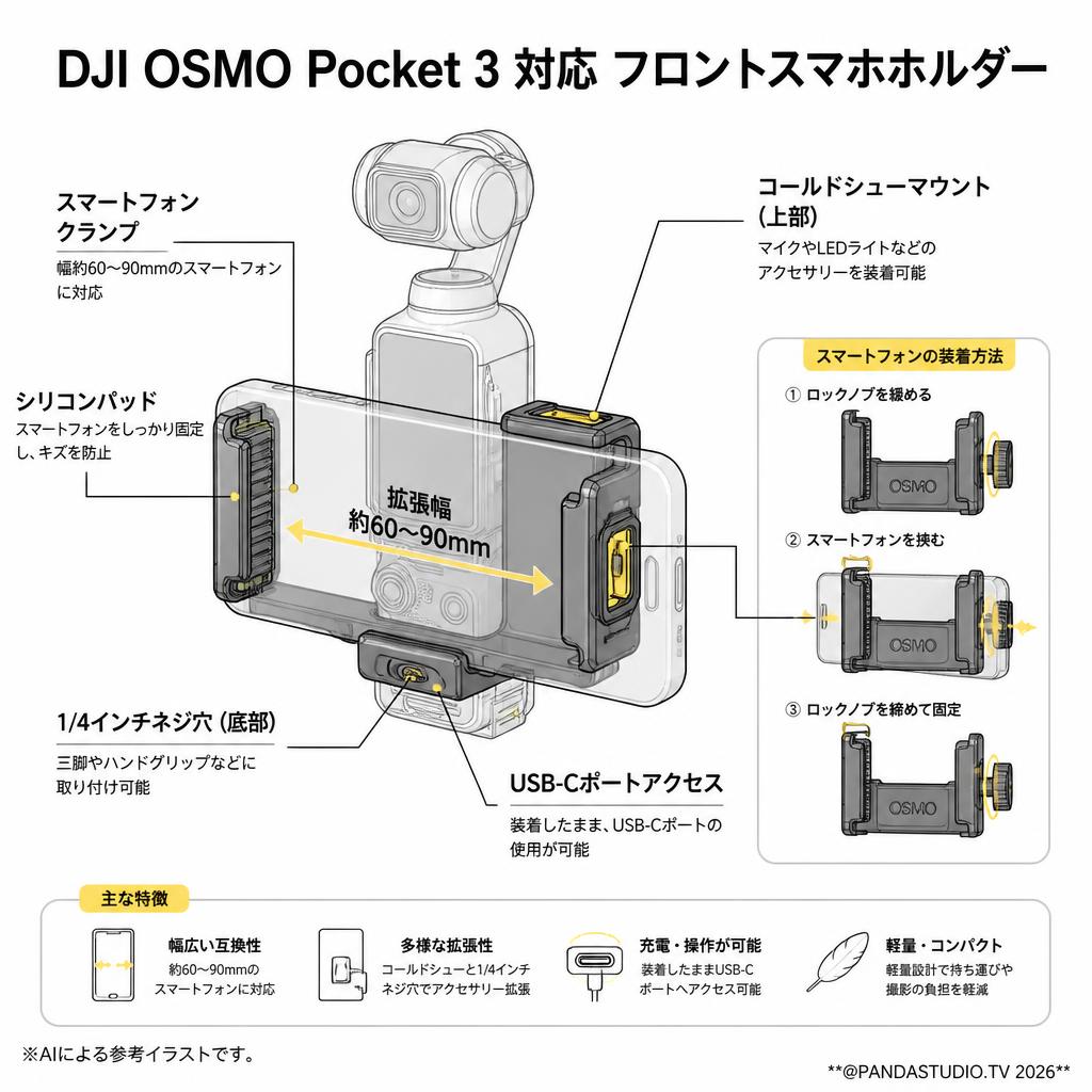 DJI OSMO Pocket 3 対応 フロントスマホホルダー スペック
