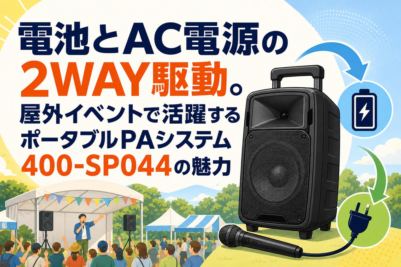 電池とAC電源の2WAY駆動。屋外イベントで活躍するポータブルPAシステム400-SP044の魅力