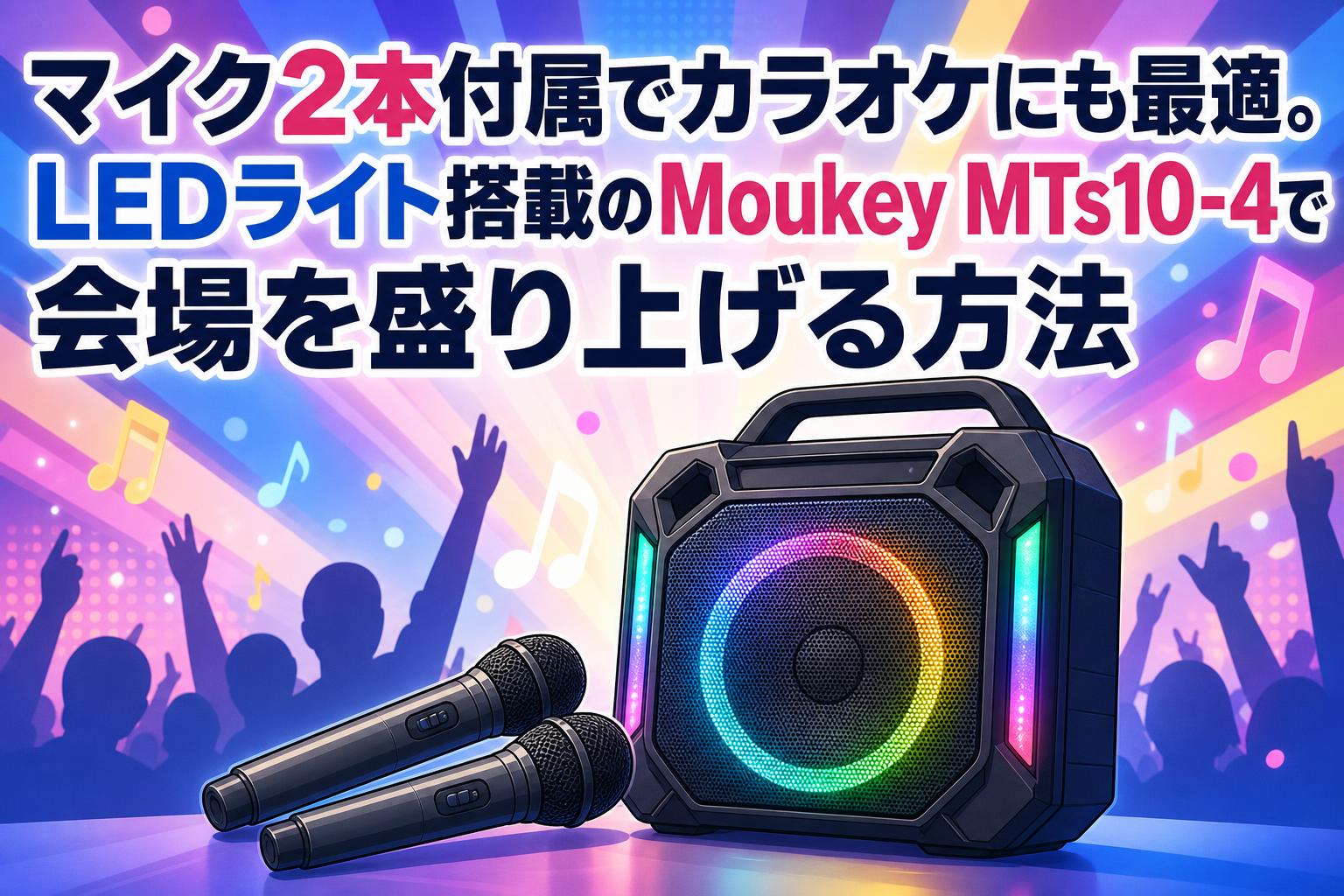 マイク2本付属でカラオケにも最適。LEDライト搭載のMoukey MTs10-4で会場を盛り上げる方法