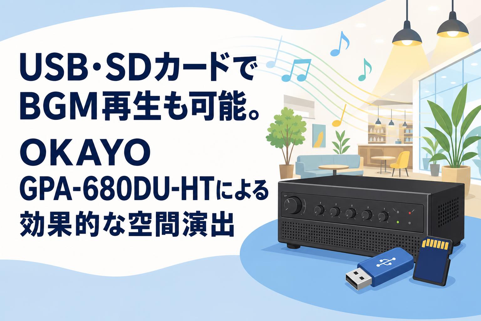 USB・SDカードでBGM再生も可能。OKAYO GPA-680DU-HTによる効果的な空間演出