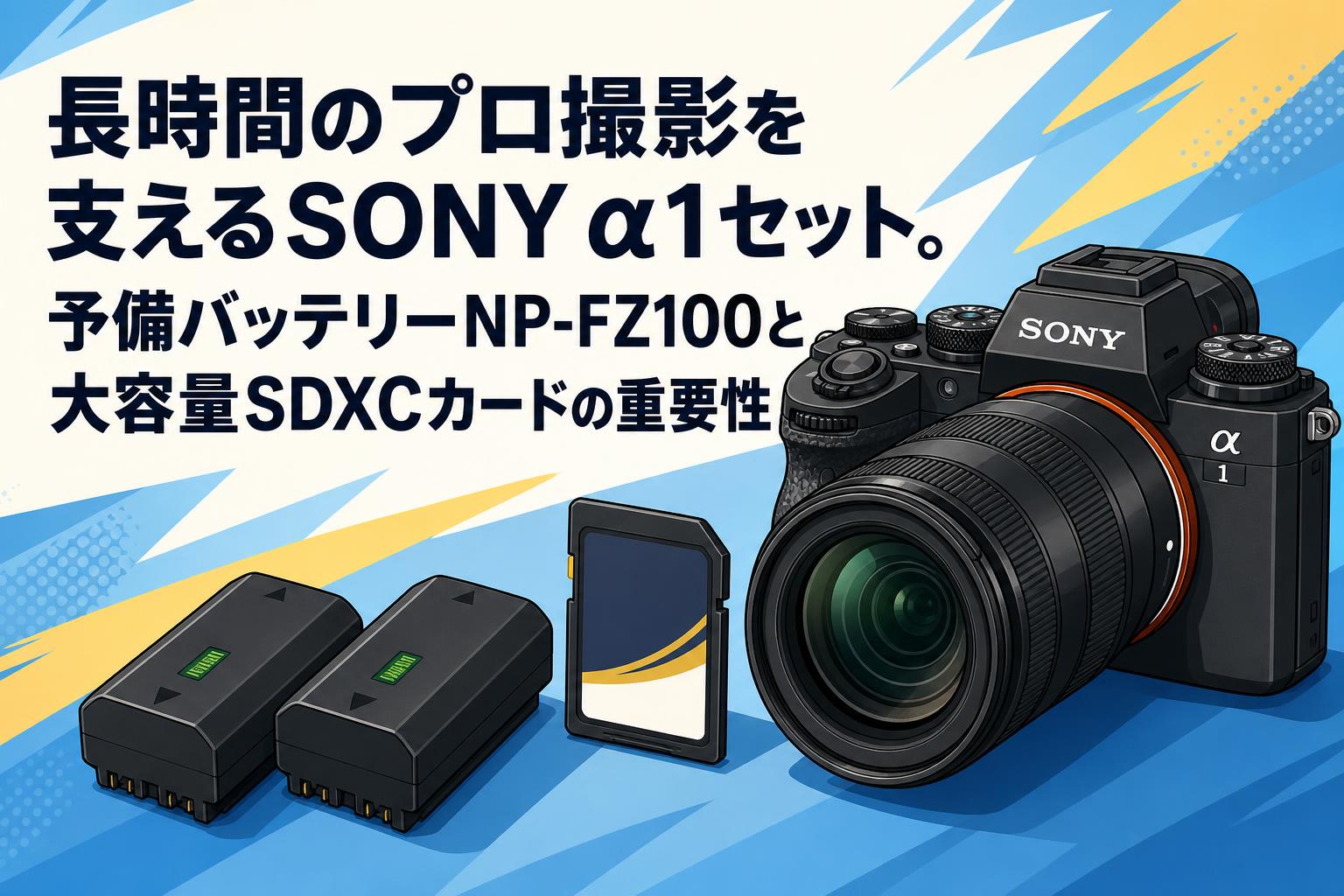 長時間のプロ撮影を支えるSONY α1セット。予備バッテリーNP-FZ100と大容量SDXCカードの重要性