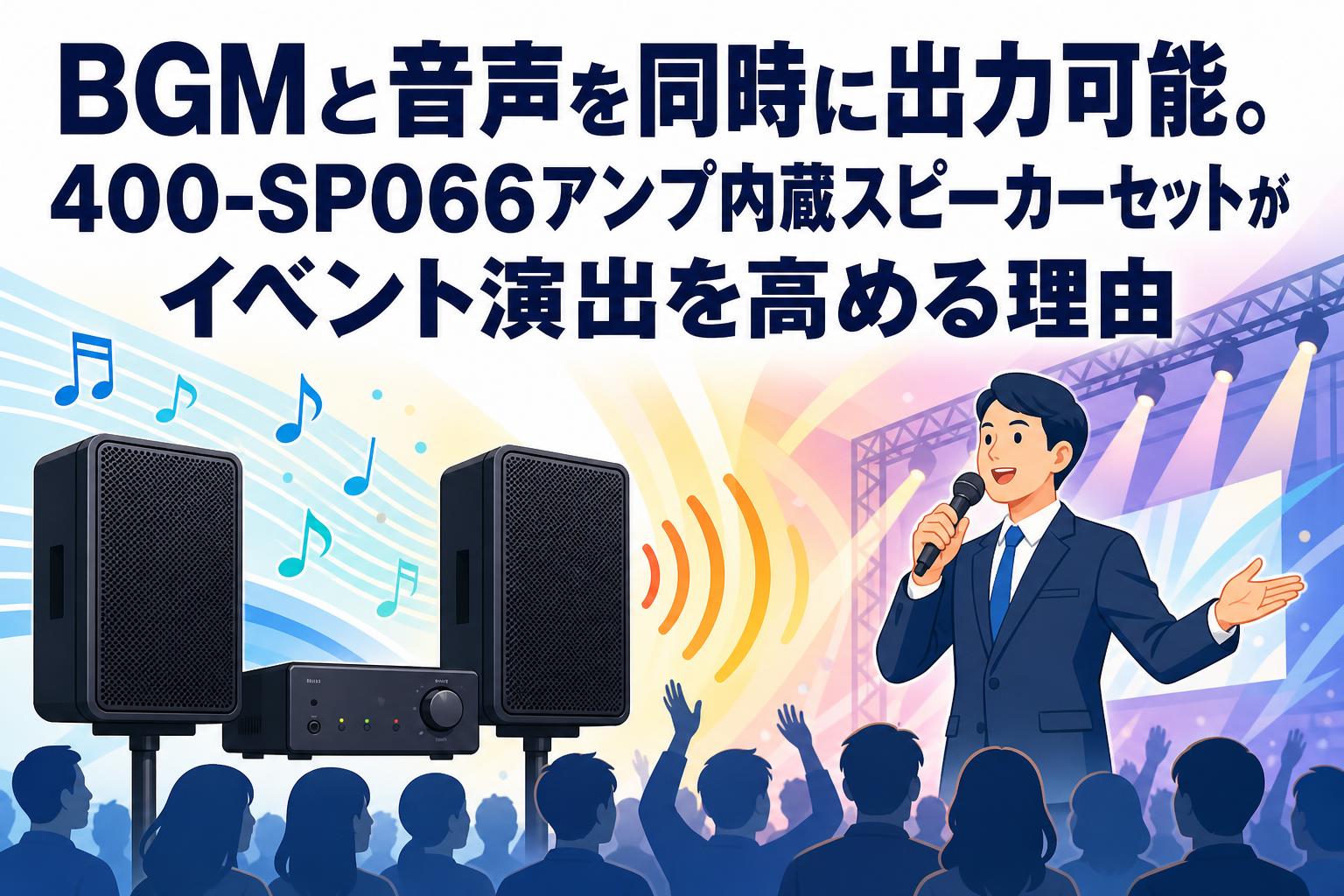 BGMと音声を同時に出力可能。400-SP066アンプ内蔵スピーカーセットがイベント演出を高める理由