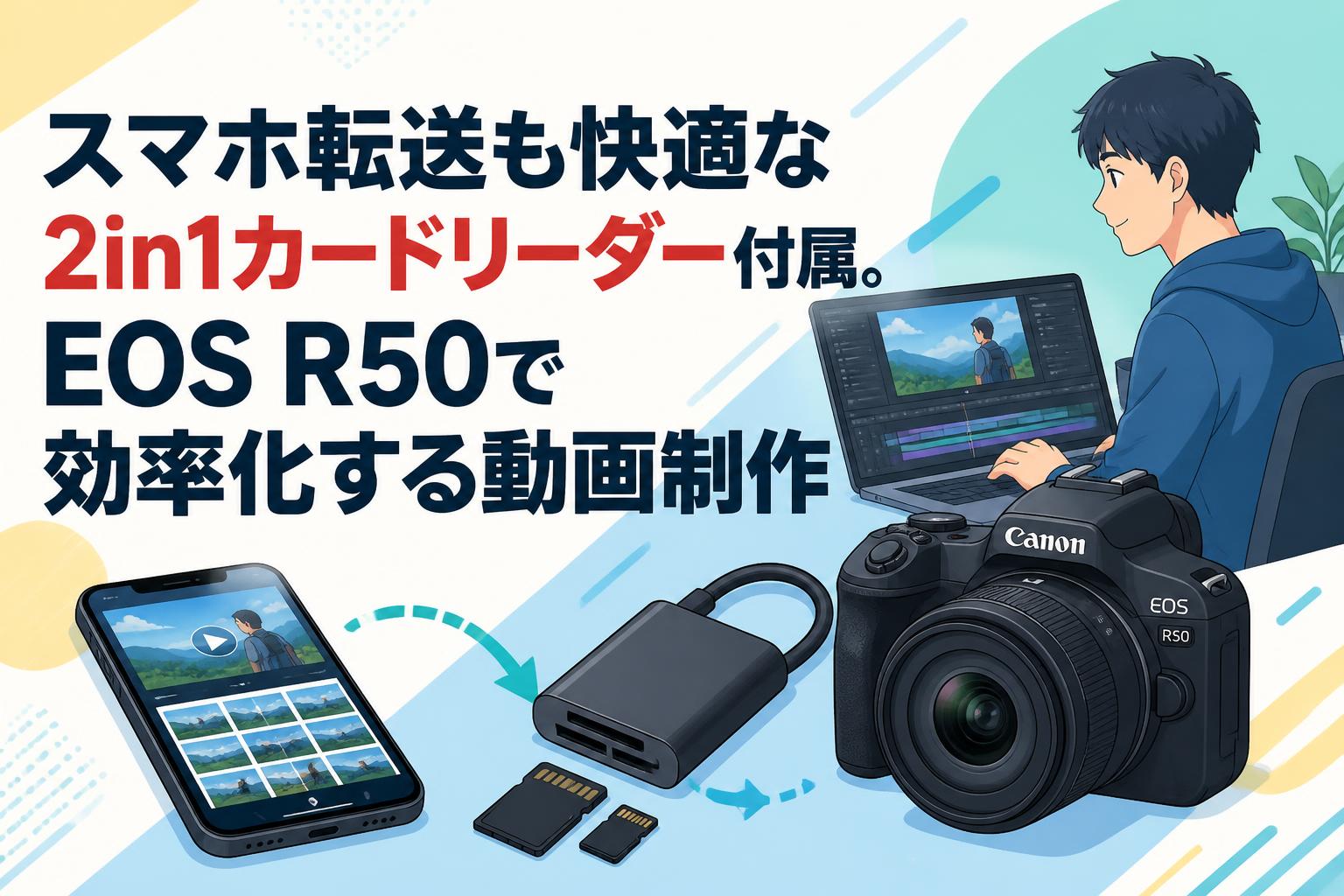 スマホ転送も快適な2in1カードリーダー付属。EOS R50で効率化する動画制作