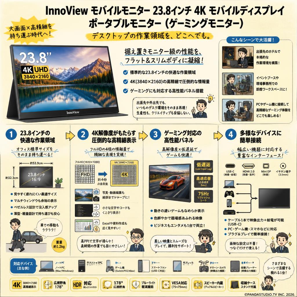 InnoView モバイルモニター 23.8インチ 4K モバイルディスプレイ ポータブルモニター （ゲーミングモニター） 概要