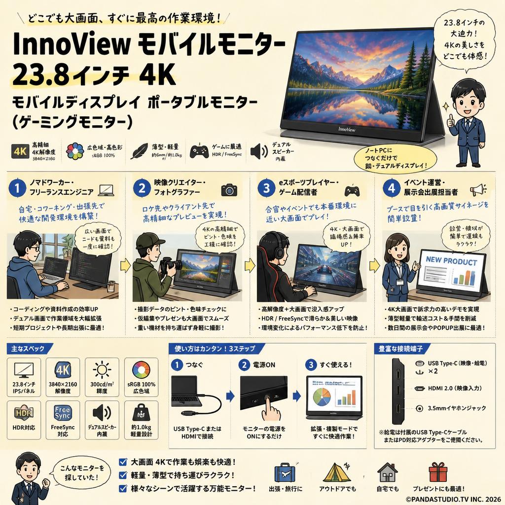 InnoView モバイルモニター 23.8インチ 4K モバイルディスプレイ ポータブルモニター （ゲーミングモニター） おもな対象のお客様