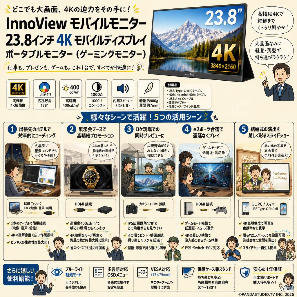 InnoView モバイルモニター 23.8インチ 4K モバイルディスプレイ ポータブルモニター （ゲーミングモニター） 用途